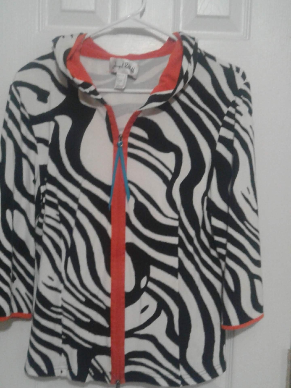 Joseph Ribkoff Black-and-White Zebra Zip Hoodie with Orange Trim